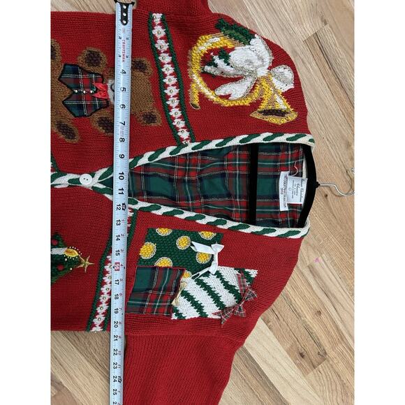 Vintage Christmas Cardigan Sweater Size L Marisa Christina Bead Embroidered Bear - Picture 7 of 12